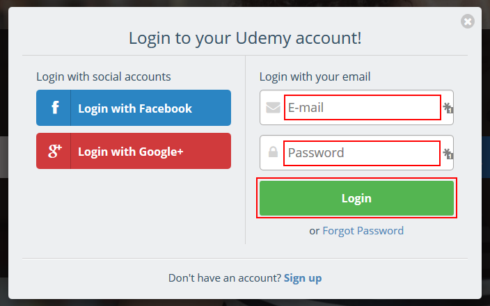 The Udemy log in form