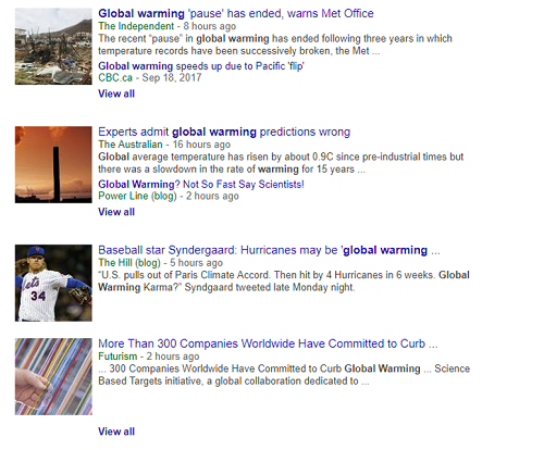 Unbiased news search about global warming in Google