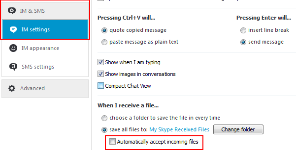 How to turn automatic file downloads in Skype on or off