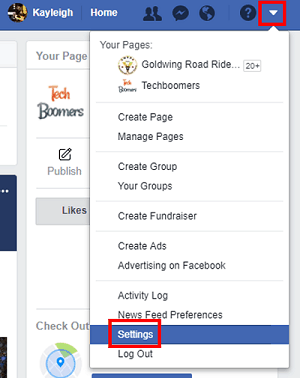 Facebook account settings menu