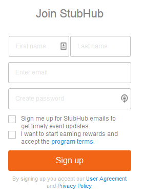 The StubHub account creation form