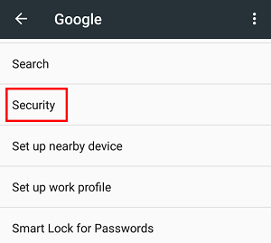 Google Security settings menu option