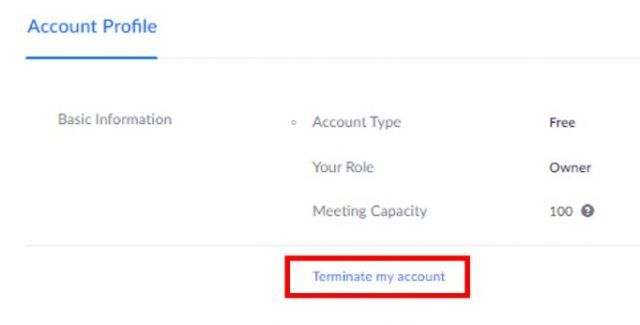 Account profile with Terminate my account button