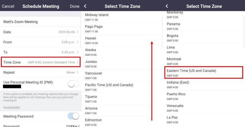 Android app steps to update time zone of meeting