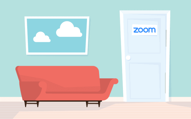 Waiting room with couch and Zoom logo on door