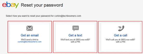 Choose a method for receiving eBay password reset