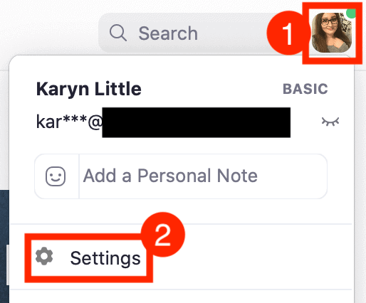 Settings option after clicking on the profile picture