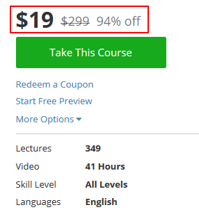A Udemy course price drops after using a coupon