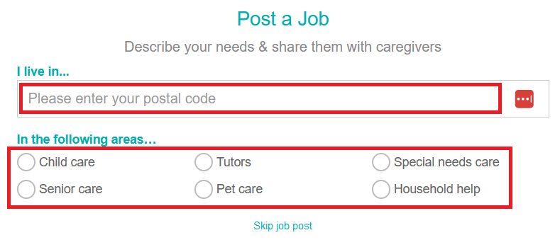 Start a job post with postal code and desired care type