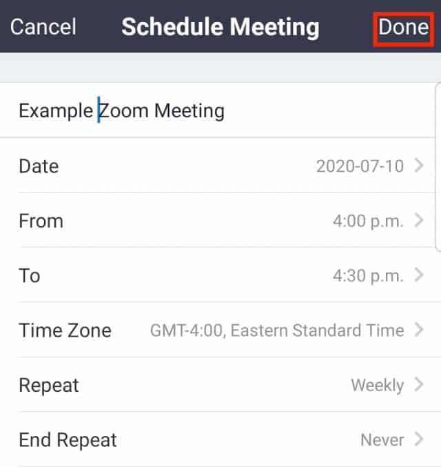 Schedule Meeting screen