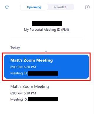 Desktop meeting list with meeting button