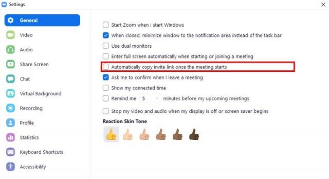 General settings automatically copy invite link when meeting starts button