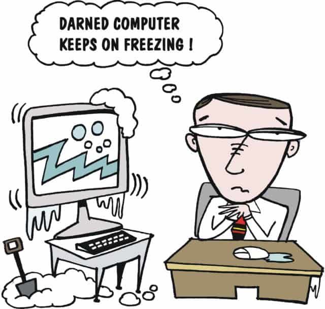 Male businessman's computer repeatedly freezing