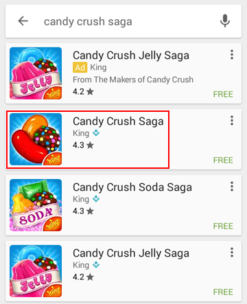 Selecting Candy Crush Saga once you have found it in the app store