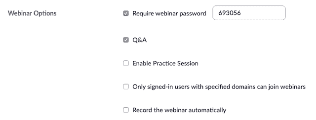 Webinar Options section