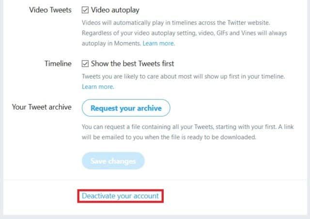 Button for deactivating a Twitter account