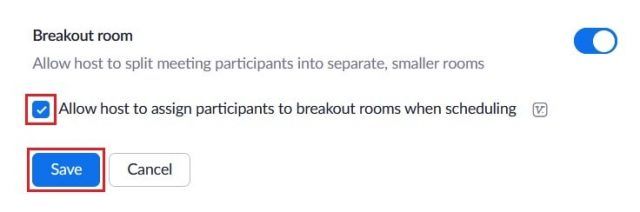 Toggle for enabling or disabling pre-assigned breakout room groups