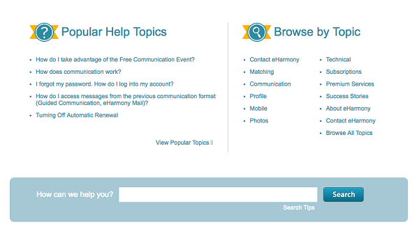 eHarmony self help screen