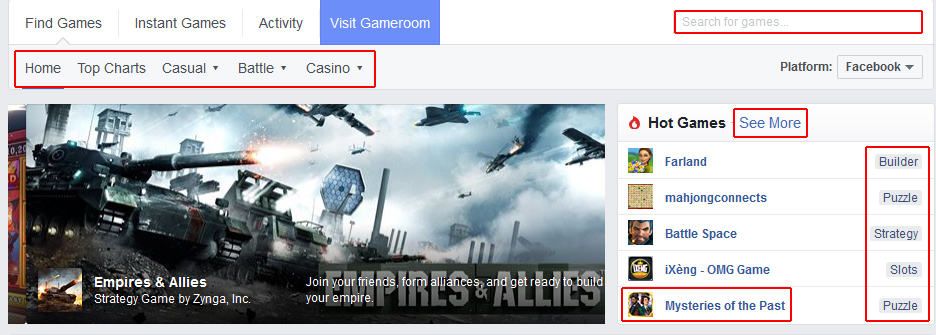 Browse all games available on Facebook