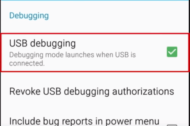 Enabling debugging mode when Android device is connected to USB