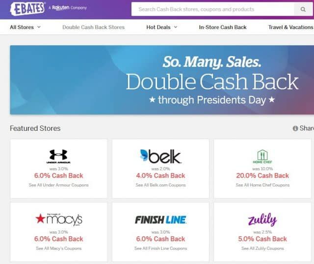 An example of the sales page on Ebates