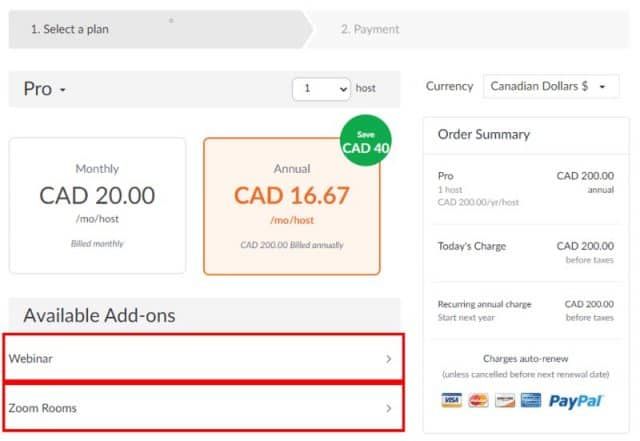 Browser checkout available add-ons tabs