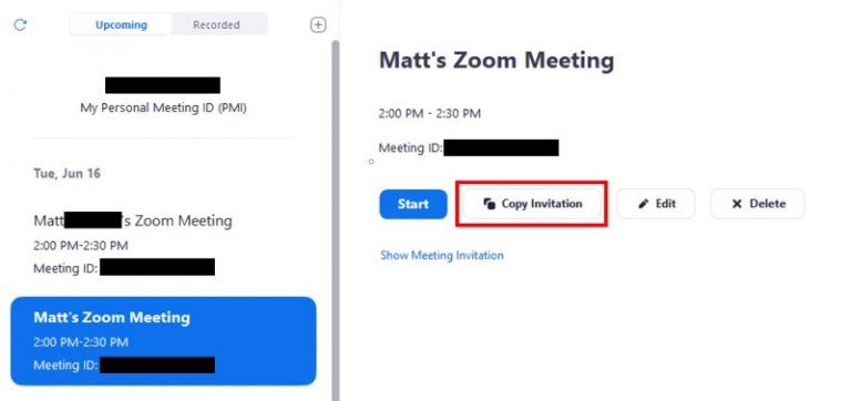 Upcoming meetings list with Copy Invitation button