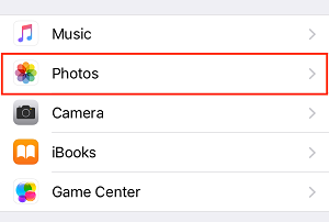 Photos button in settings menu