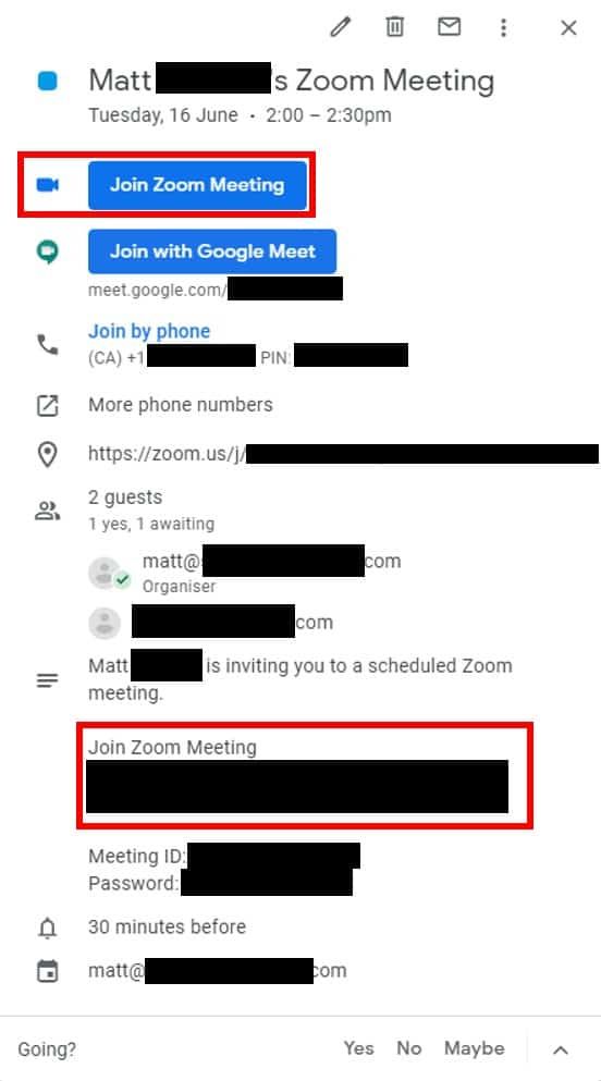 Meeting Google Calendar invitation