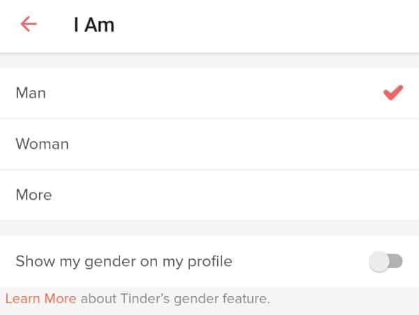 Tinder's open gender selection