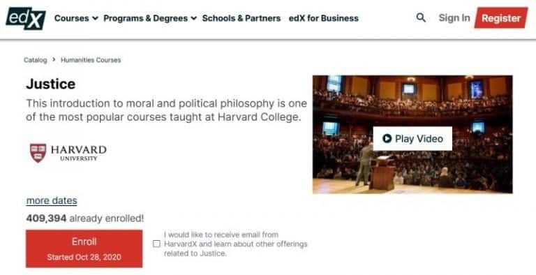 Homepage of Harvard University’s ‘Justice’ course on edX