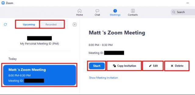 Desktop client Meetings screen with buttons