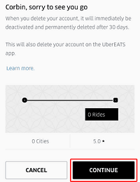 Confirm deletion of Uber account button