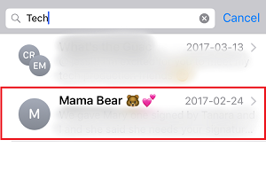 Screenshot showing iMessage conversations matching search criteria