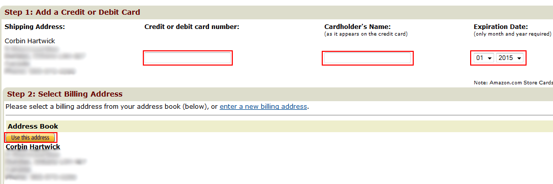 Amazon payment information form