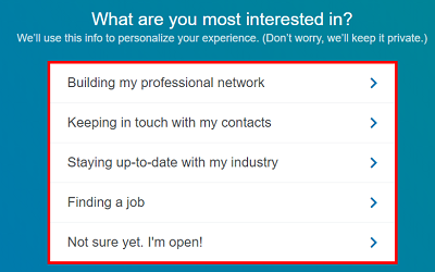 Select a reason for using LinkedIn