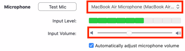 Microphone settings drop-down menu and Input Volume scale