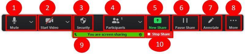 The control bar when sharing your screen in a Zoom meeting