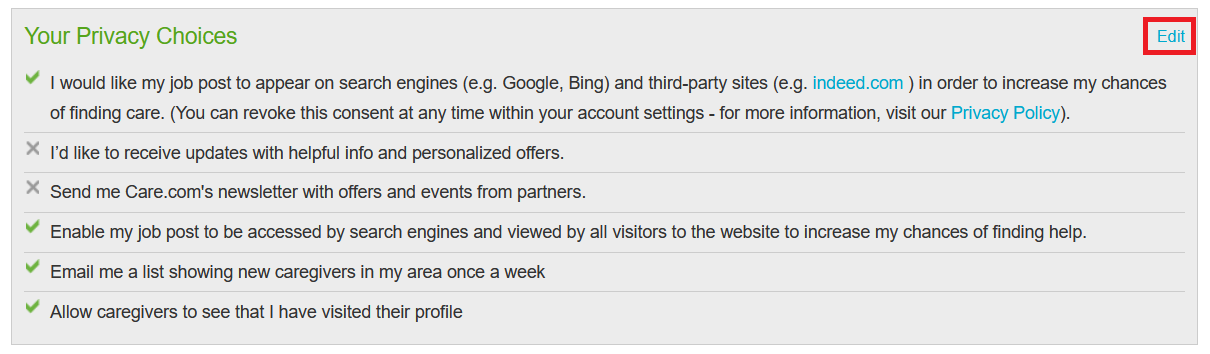 Edit privacy choices on Care.com