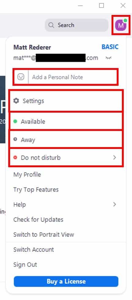 Desktop client account button options