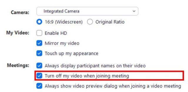 Video settings with turn off video when joining meeting button