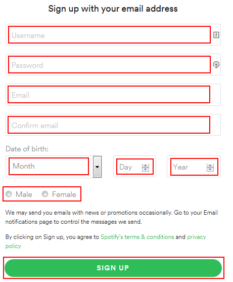 Signing up for Spotify with your email address