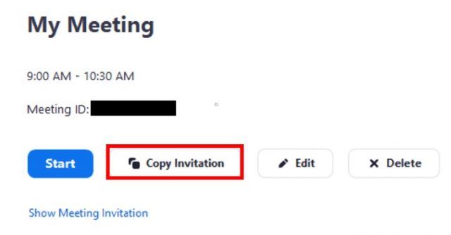 Zoom meeting information with Copy Invitation button highlighted