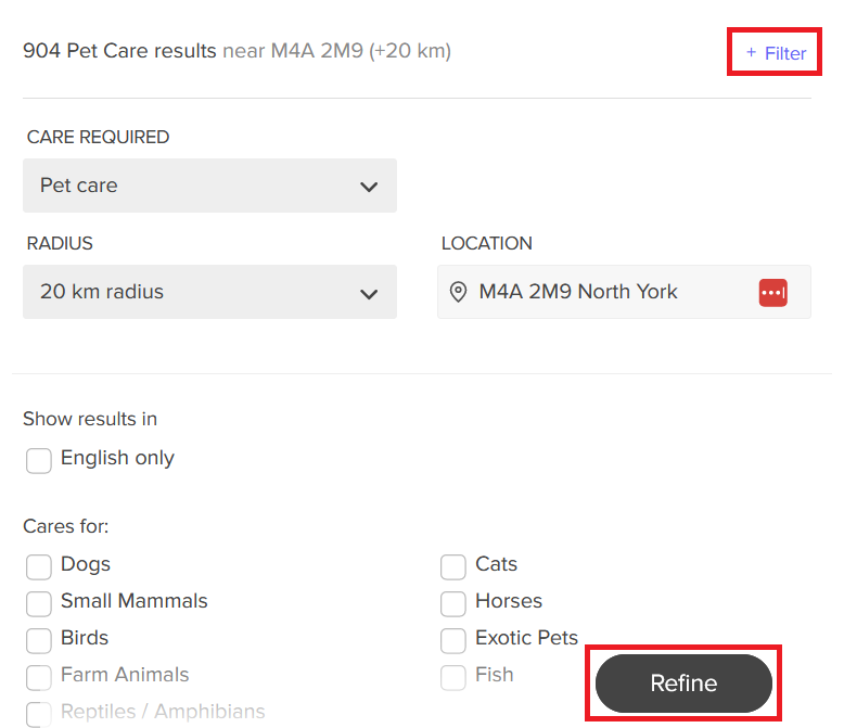 Setting parameters for searching for caregivers on Care.com