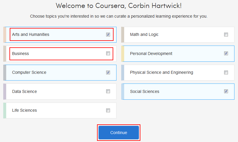 Select your preferred Coursera subject fields