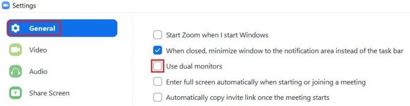 Enable the dual monitors setting for the Zoom desktop client