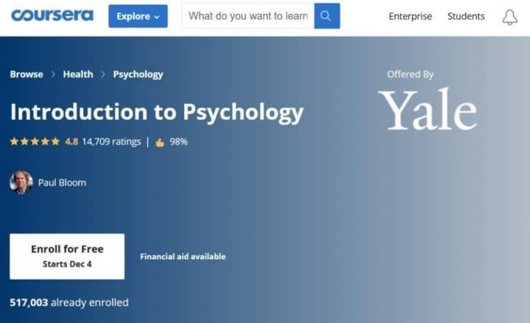 Homepage of Yale University’s 'Introduction to Psychology' course on Coursera