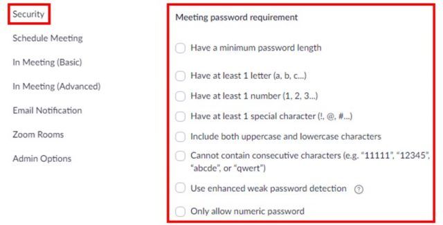 Meeting password requirement section