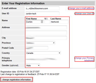 Account registration information form