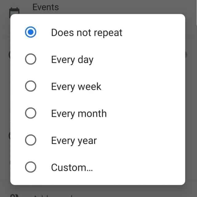 Recurrence options in Google Calendar